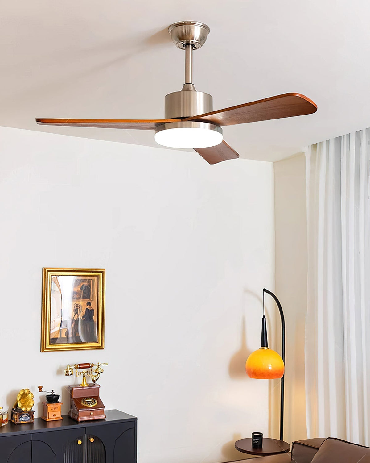 Angled view highlighting the wood grain on the fan blades.
