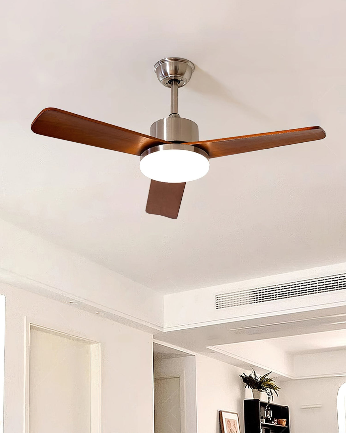 View of the Kendal ceiling fan from below, showing the blades and light.