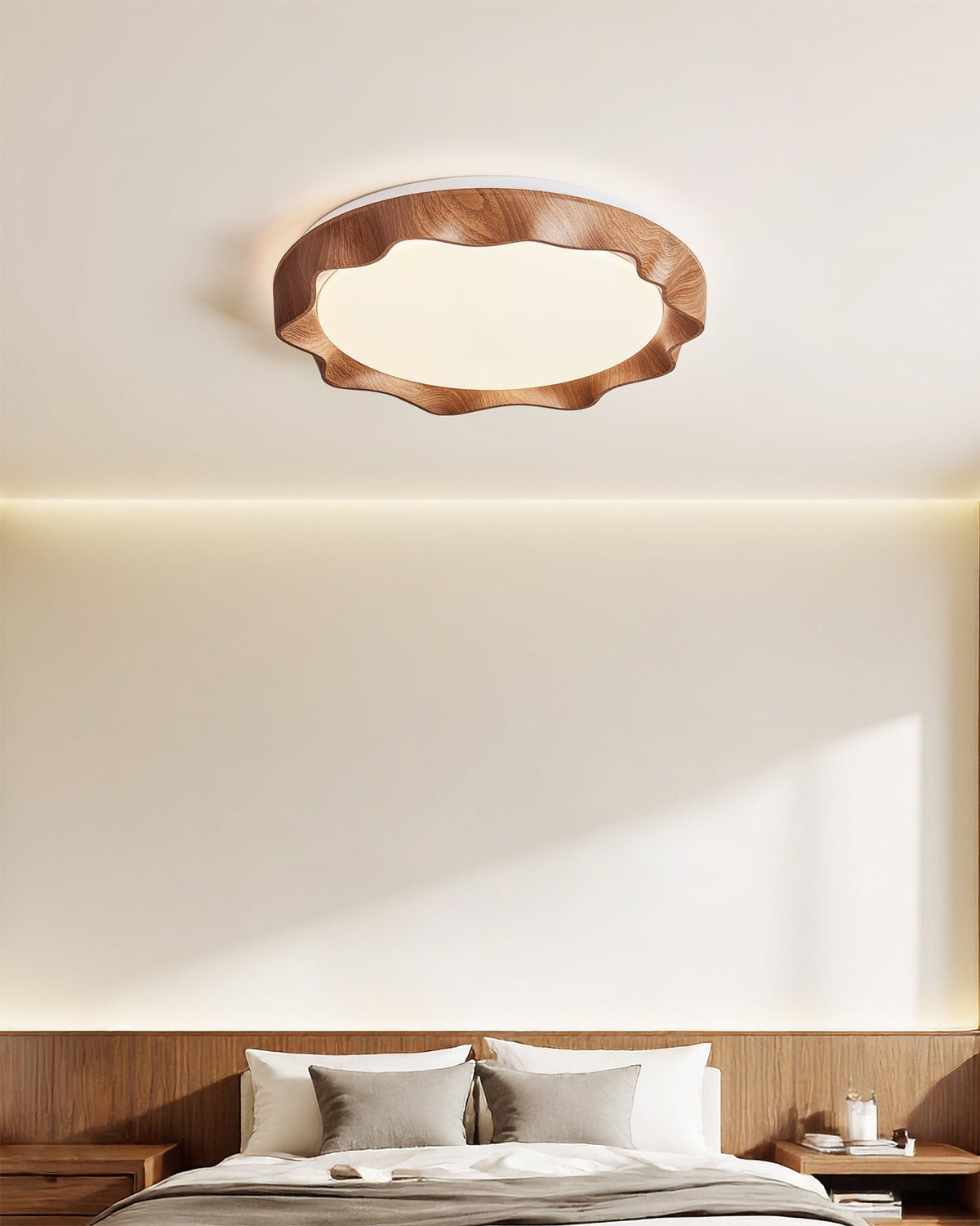 Kerio Ceiling Light installed in a modern bedroom with wooden furniture.