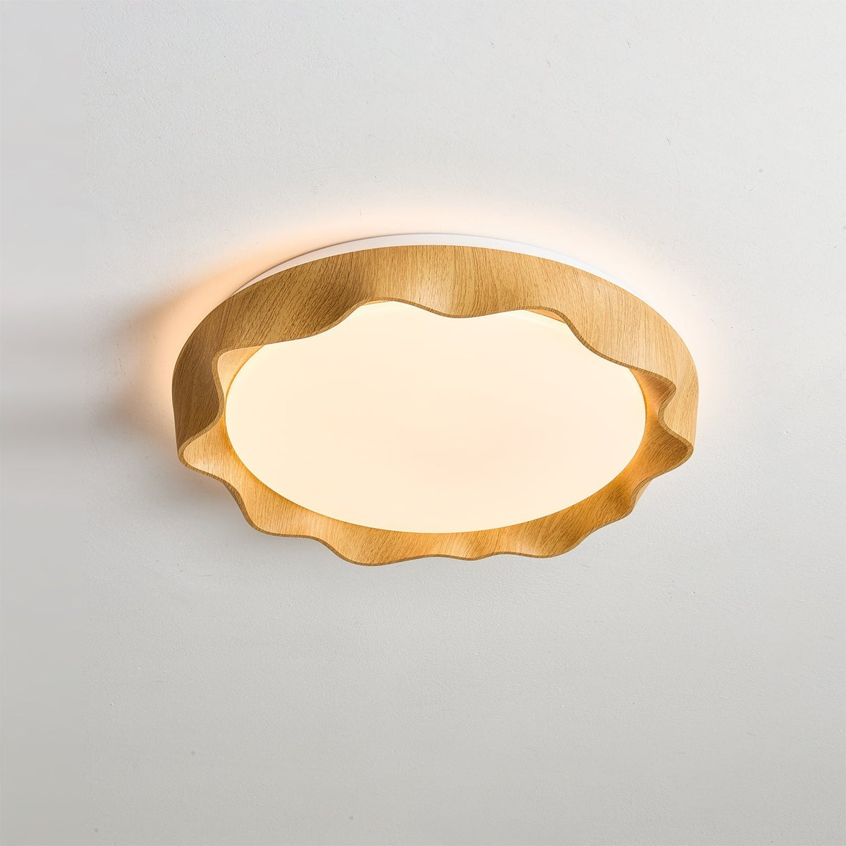 Detail shot of the texture on the walnut color frame of the Kerio Ceiling Light.