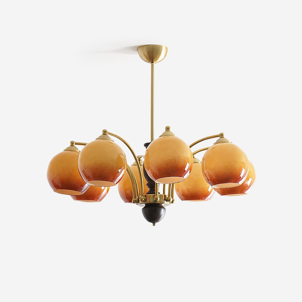 Chandelier Glass Shades Metal Frame Wood Accents Mid-Century Calm-Neutral Decor