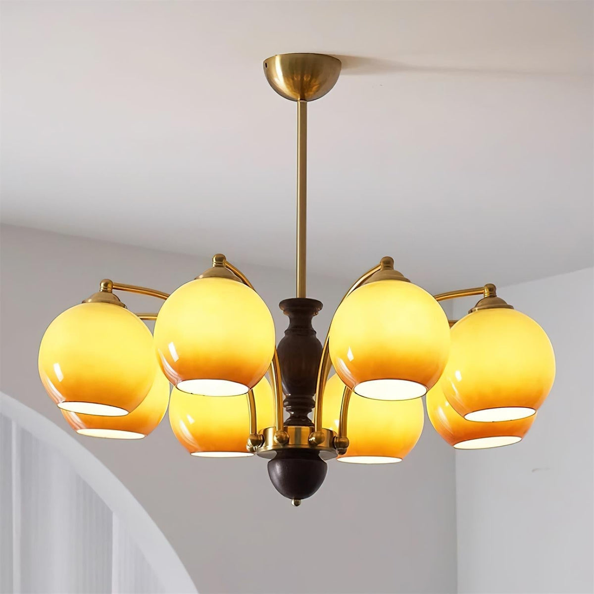 Chandelier Glass Shades Metal Frame Wood Accents Mid-Century Calm-Neutral Decor