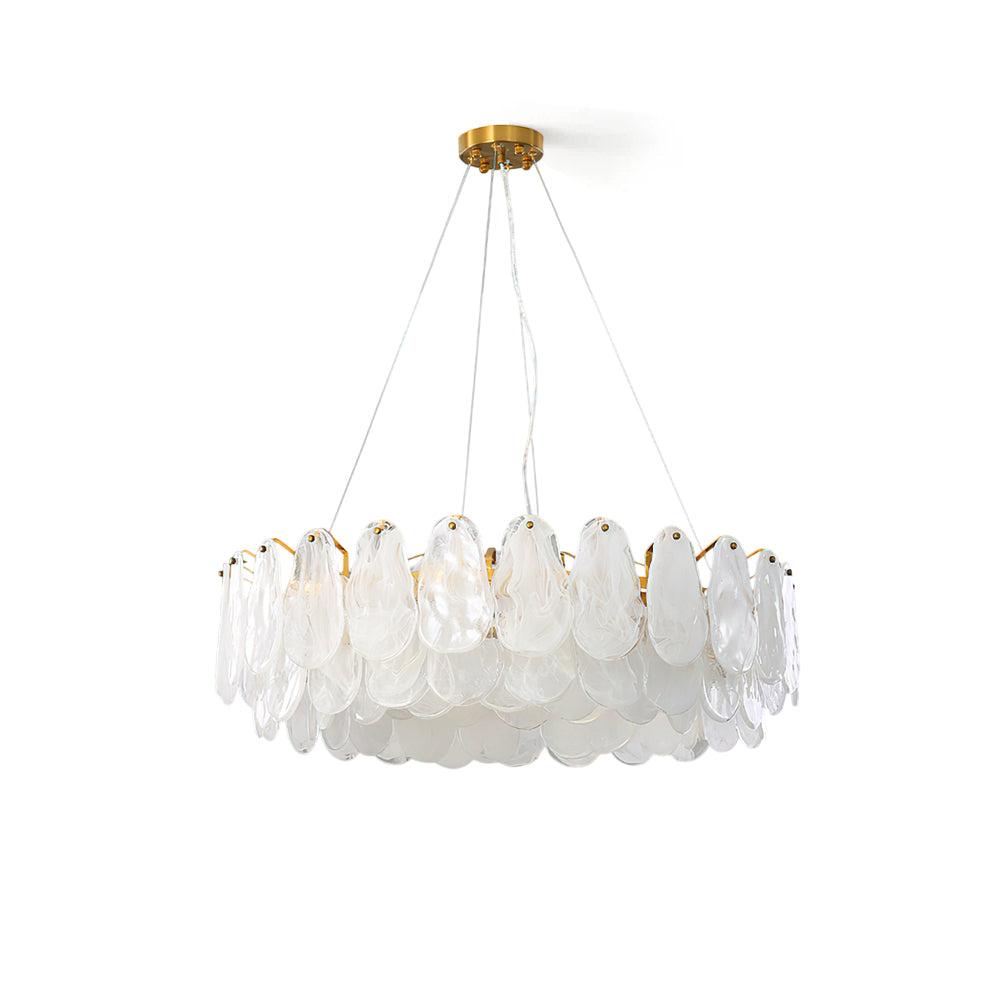 Leon Cloud Glass Chandelier with a polished brass frame and rippled glass panels.
