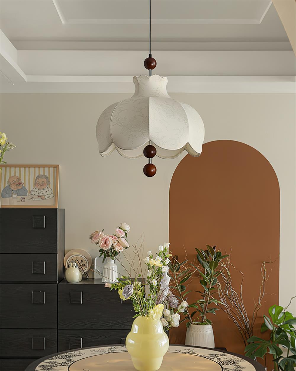 Pendant Lamp Fabric Shade Wood Accents Vintage for Living Room-Neutral Decor