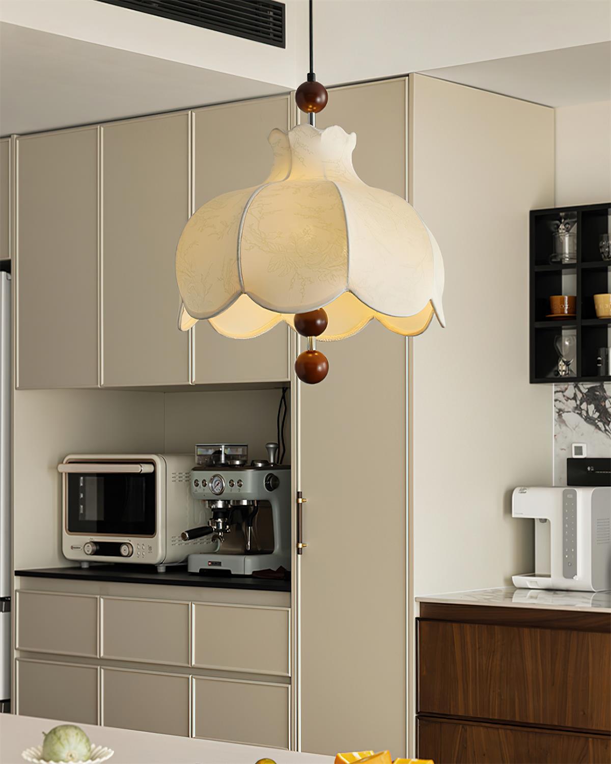 Pendant Lamp Fabric Shade Wood Accents Vintage for Living Room-Neutral Decor