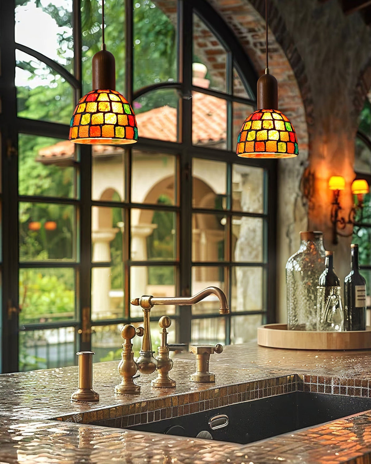 The Klima Pendant Light turned on, casting a warm, colorful glow.