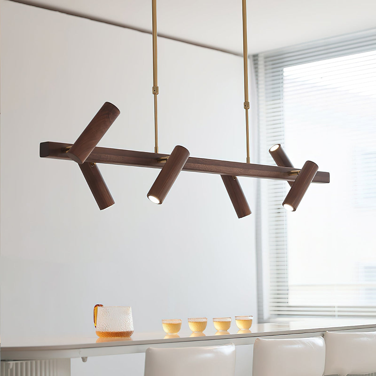 Close-up of the Konnect Wood Chandelier's timber and metal components.