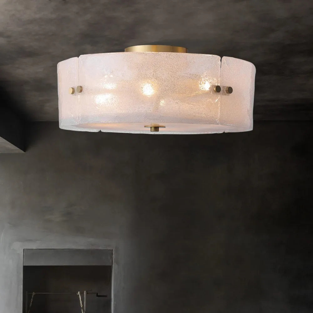 Angled view of the Kora flush mount, highlighting its frosted ice glass panels.
