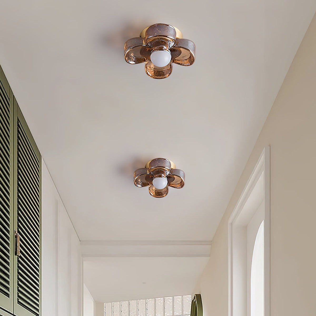 Ceiling Lamp with Amber Acrylic Clover Petals and Brass Scandi-Neutral Decor