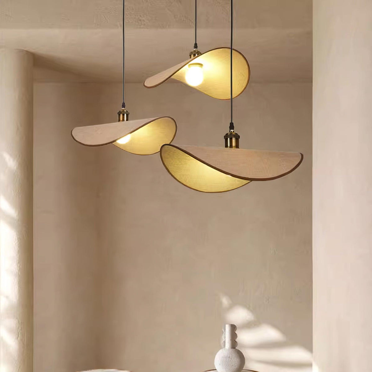 Mirelle Pendant Lamp Linen Fabric Shade Wood Minimalist-Neutral Decor