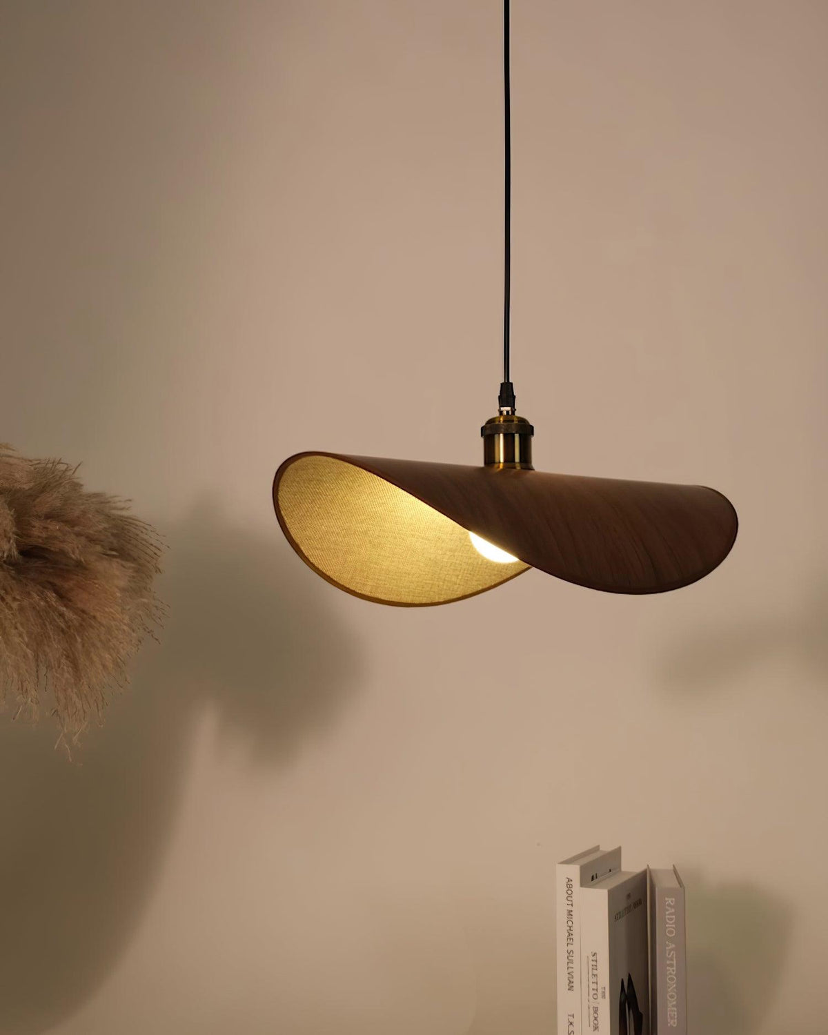 Mirelle Pendant Lamp Linen Fabric Shade Wood Minimalist-Neutral Decor