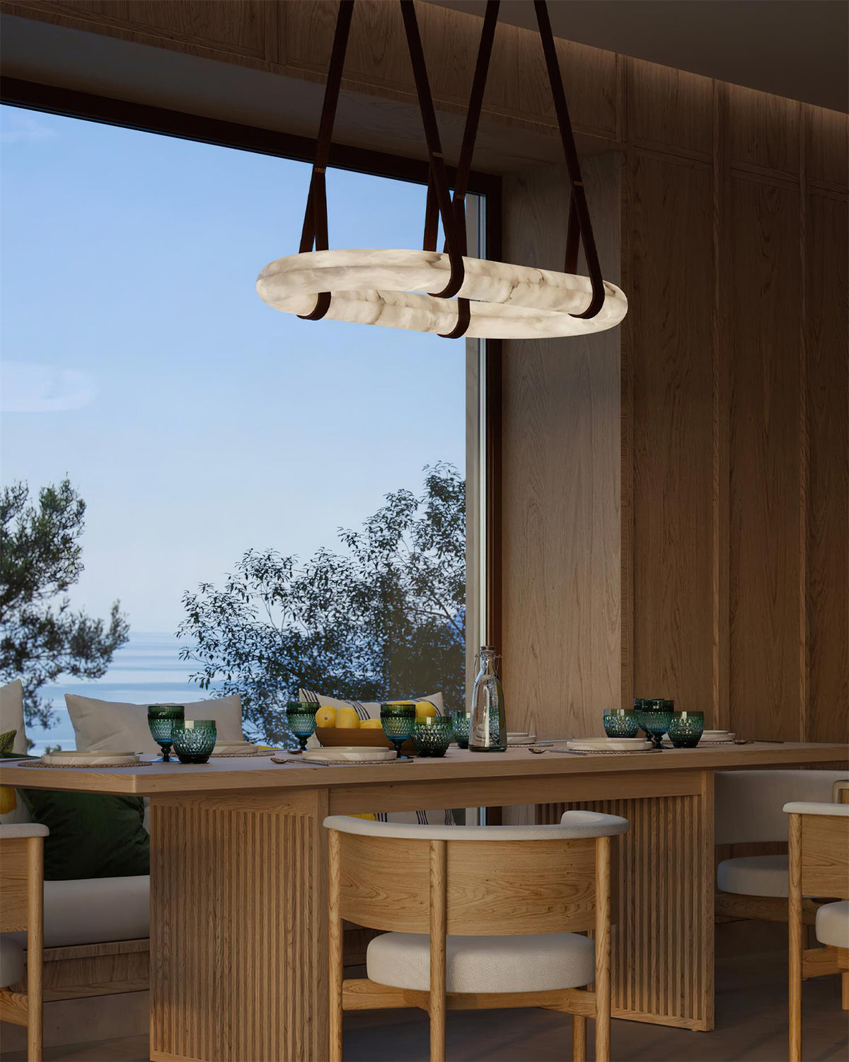 Kurve Chandelier Alabaster Ring Artificial leather-Neutral Decor