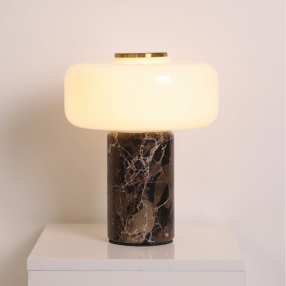 Lennox Marble Table Lamp used as a nightstand light in a contemporary bedroom.