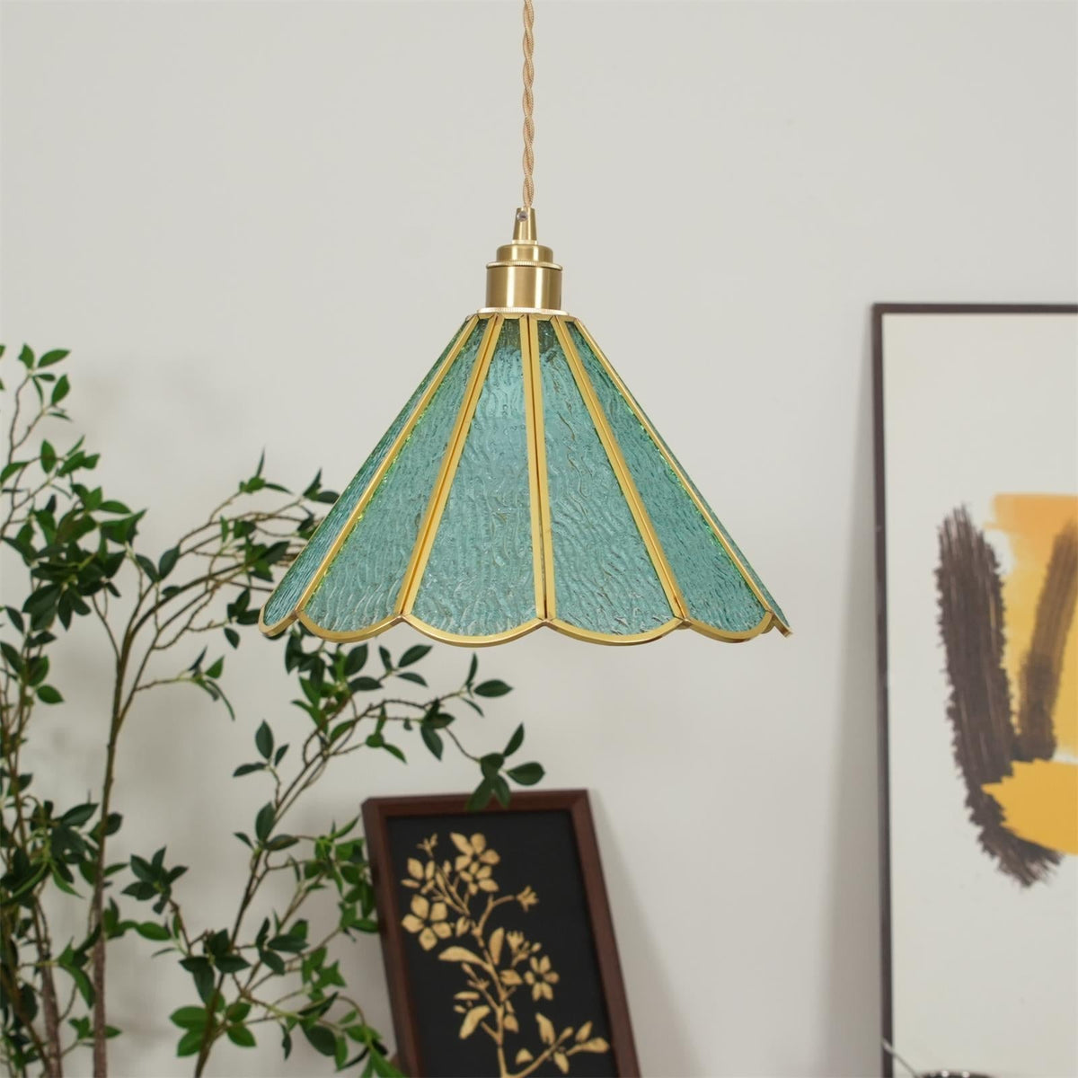 Pendant Lamp Textured Blue Glass Scalloped Brass-Neutral Decor