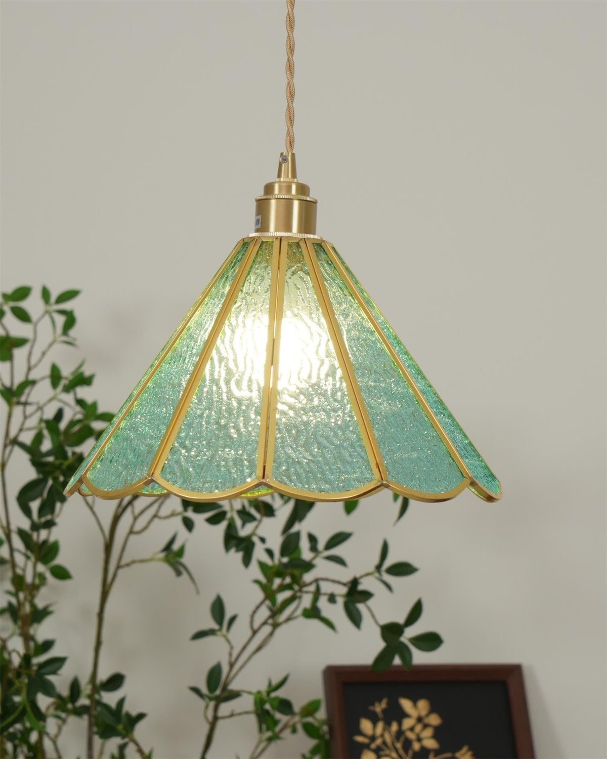 Pendant Lamp Textured Blue Glass Scalloped Brass-Neutral Decor