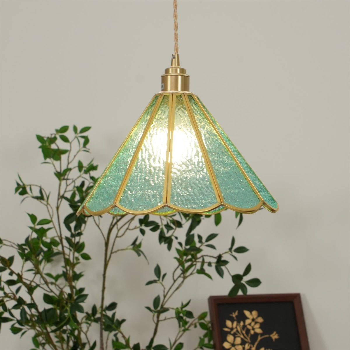 Pendant Lamp Textured Blue Glass Scalloped Brass-Neutral Decor