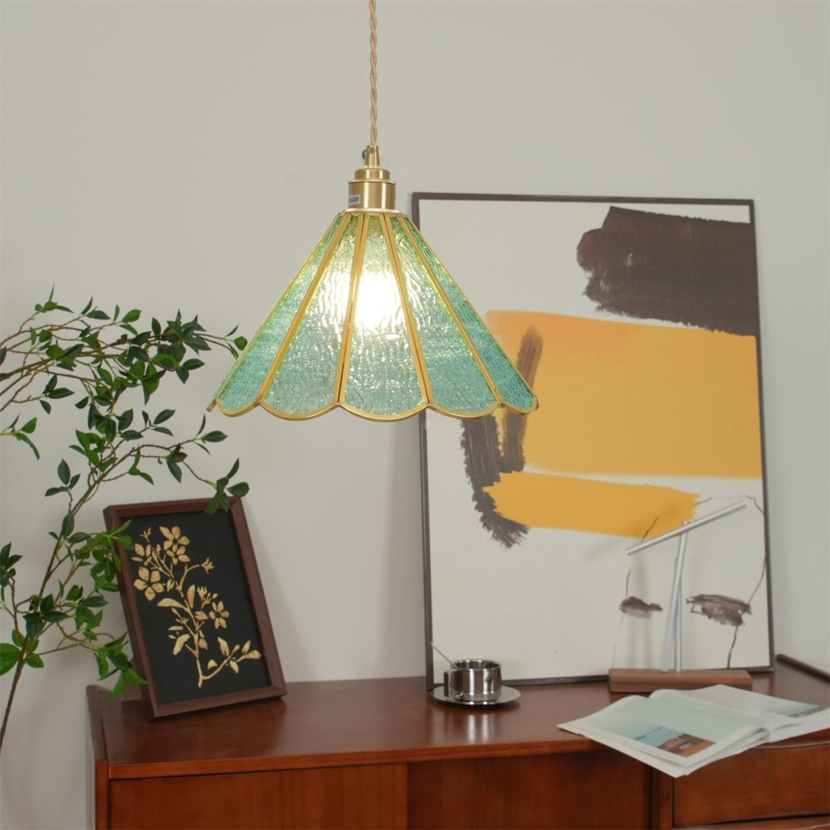 Pendant Lamp Textured Blue Glass Scalloped Brass-Neutral Decor