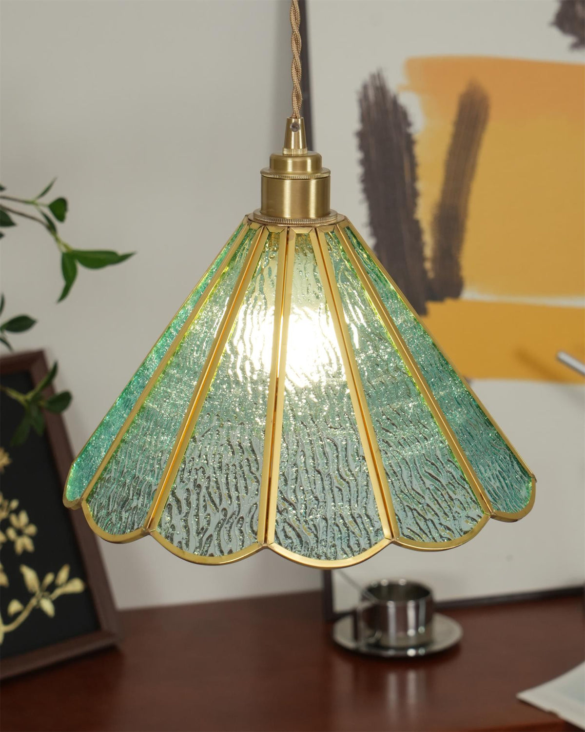 Pendant Lamp Textured Blue Glass Scalloped Brass-Neutral Decor