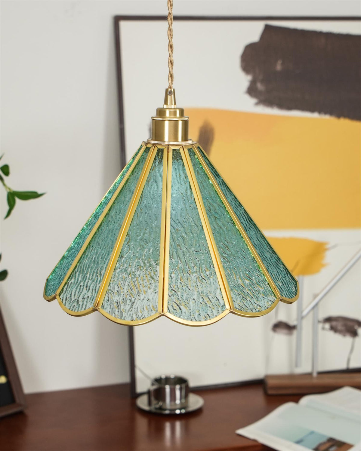 Pendant Lamp Textured Blue Glass Scalloped Brass-Neutral Decor