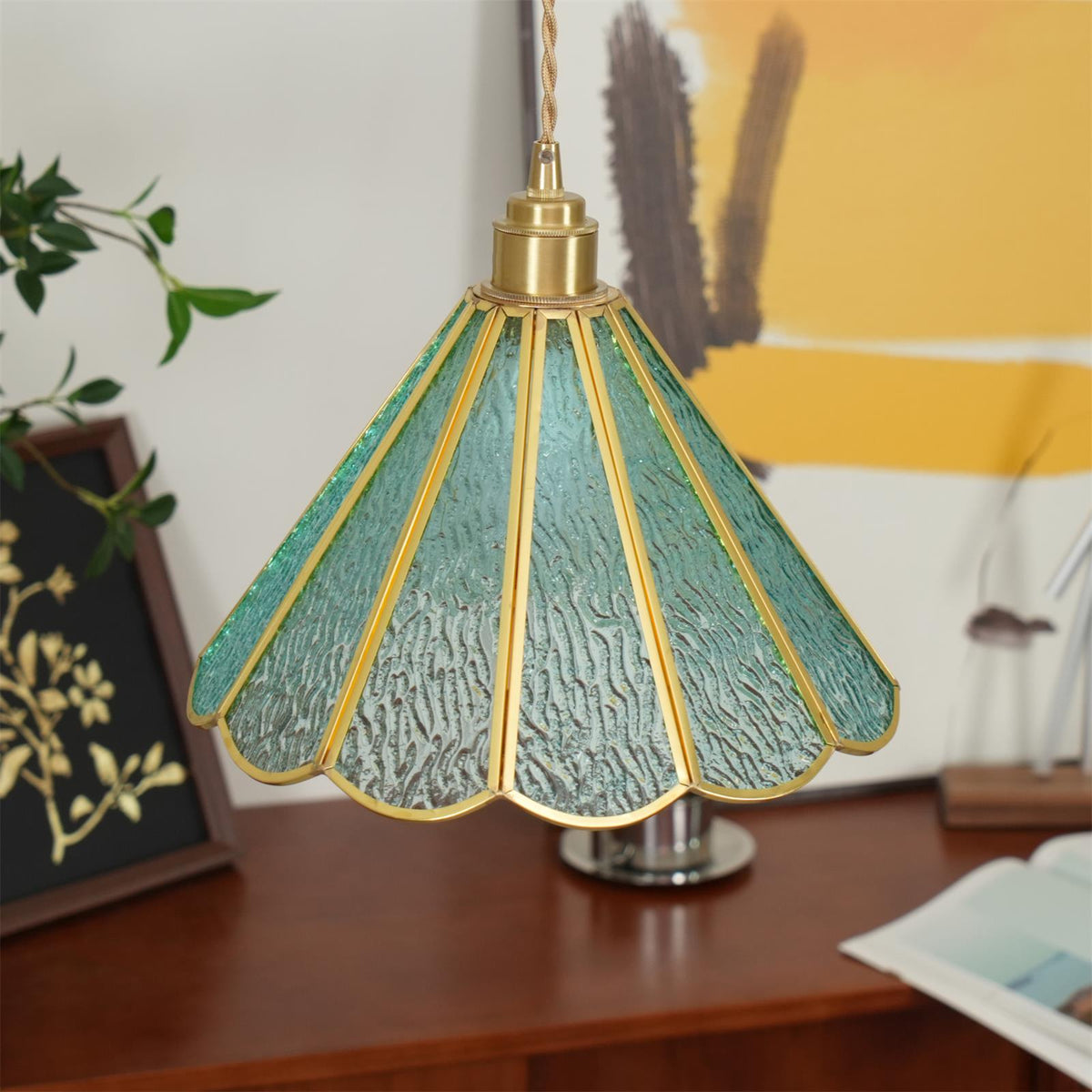 Pendant Lamp Textured Blue Glass Scalloped Brass-Neutral Decor