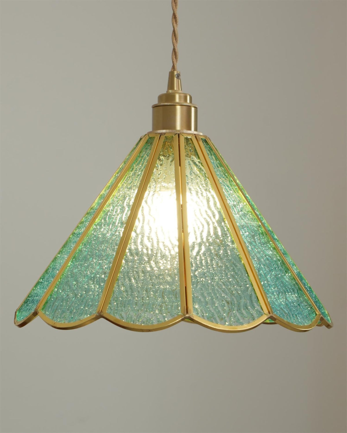 Pendant Lamp Textured Blue Glass Scalloped Brass-Neutral Decor