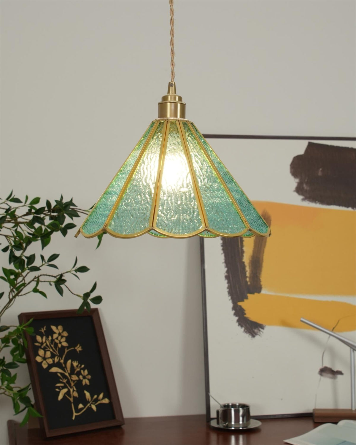 Pendant Lamp Textured Blue Glass Scalloped Brass-Neutral Decor
