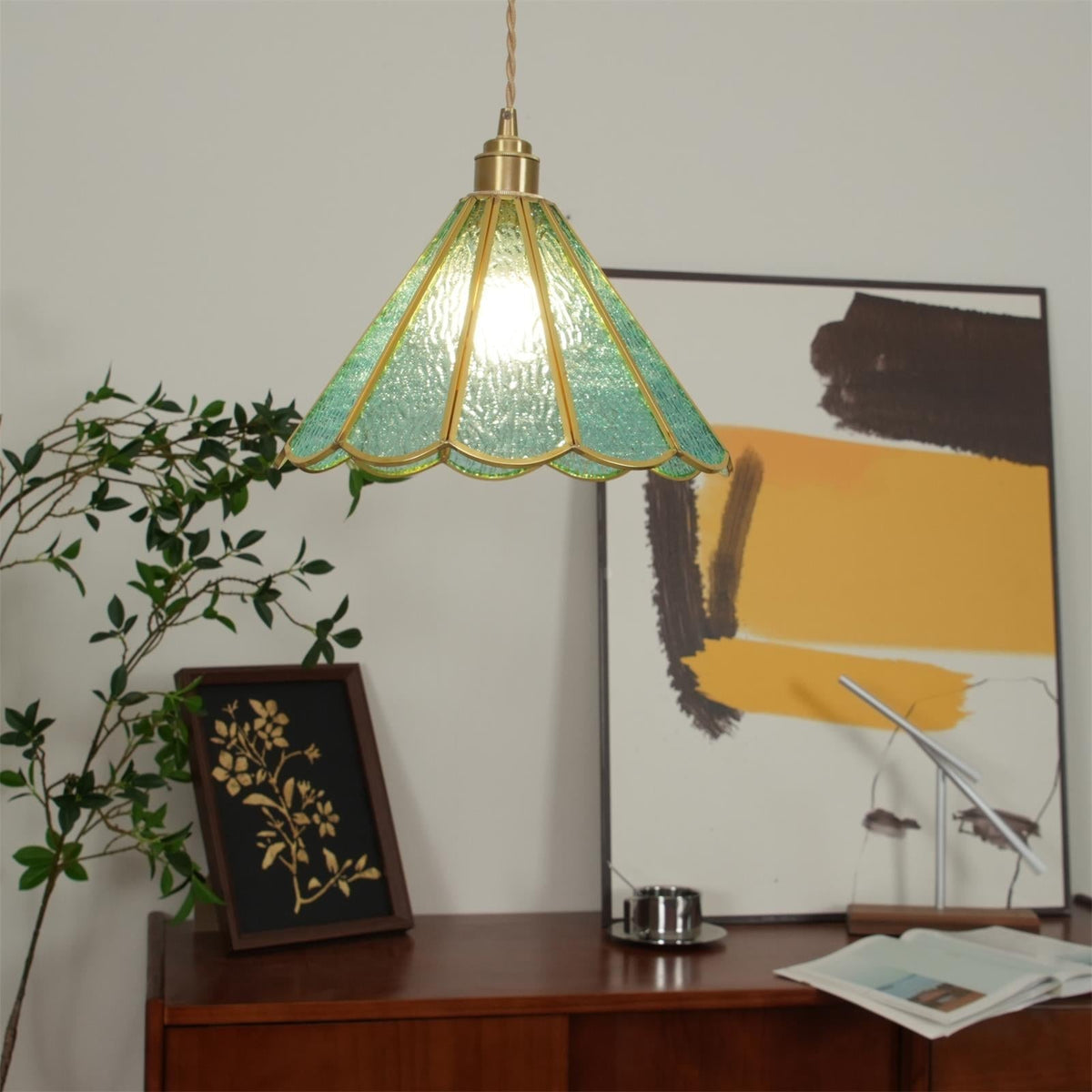 Pendant Lamp Textured Blue Glass Scalloped Brass-Neutral Decor