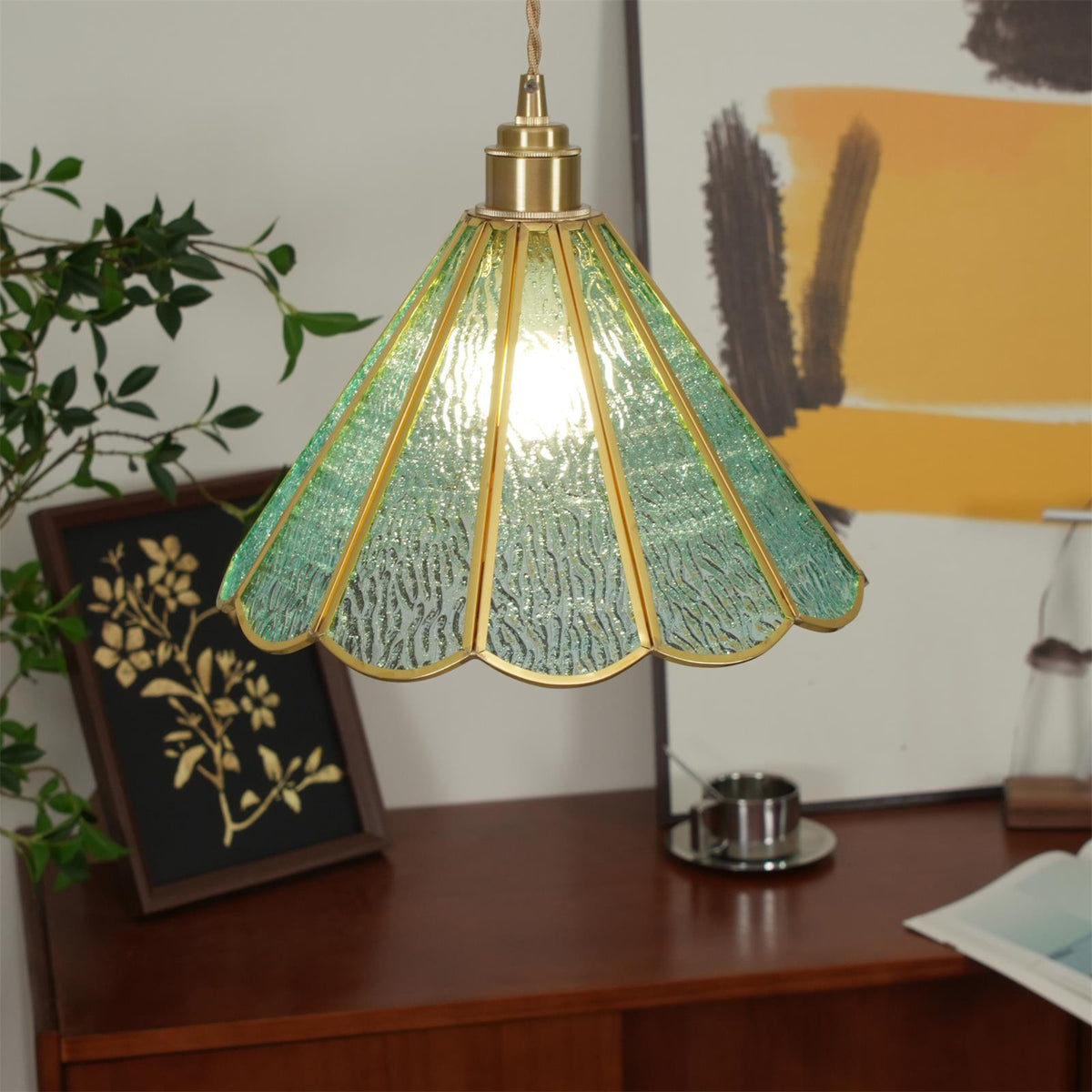 Pendant Lamp Textured Blue Glass Scalloped Brass-Neutral Decor