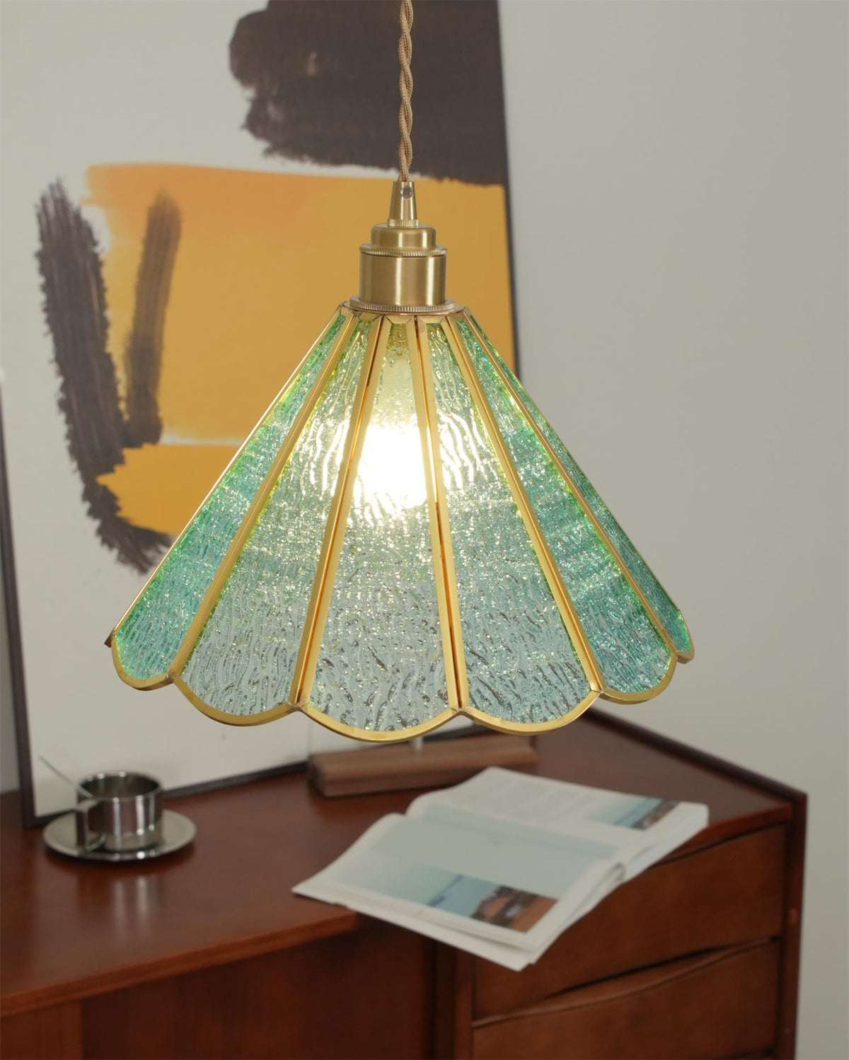 Pendant Lamp Textured Blue Glass Scalloped Brass-Neutral Decor