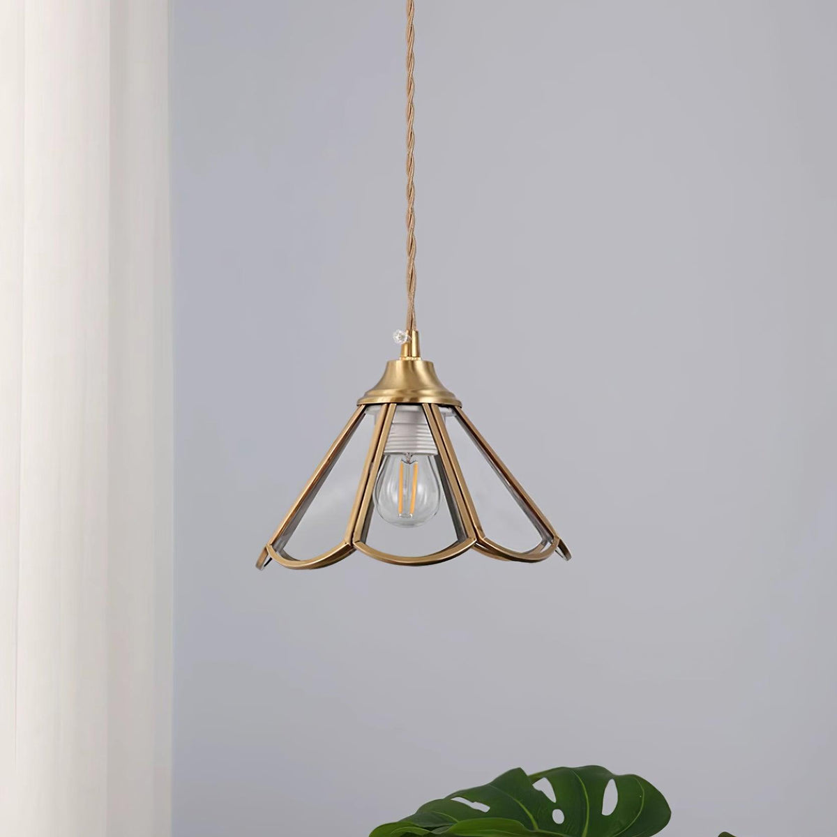 Pendant Lamp Textured Blue Glass Scalloped Brass-Neutral Decor