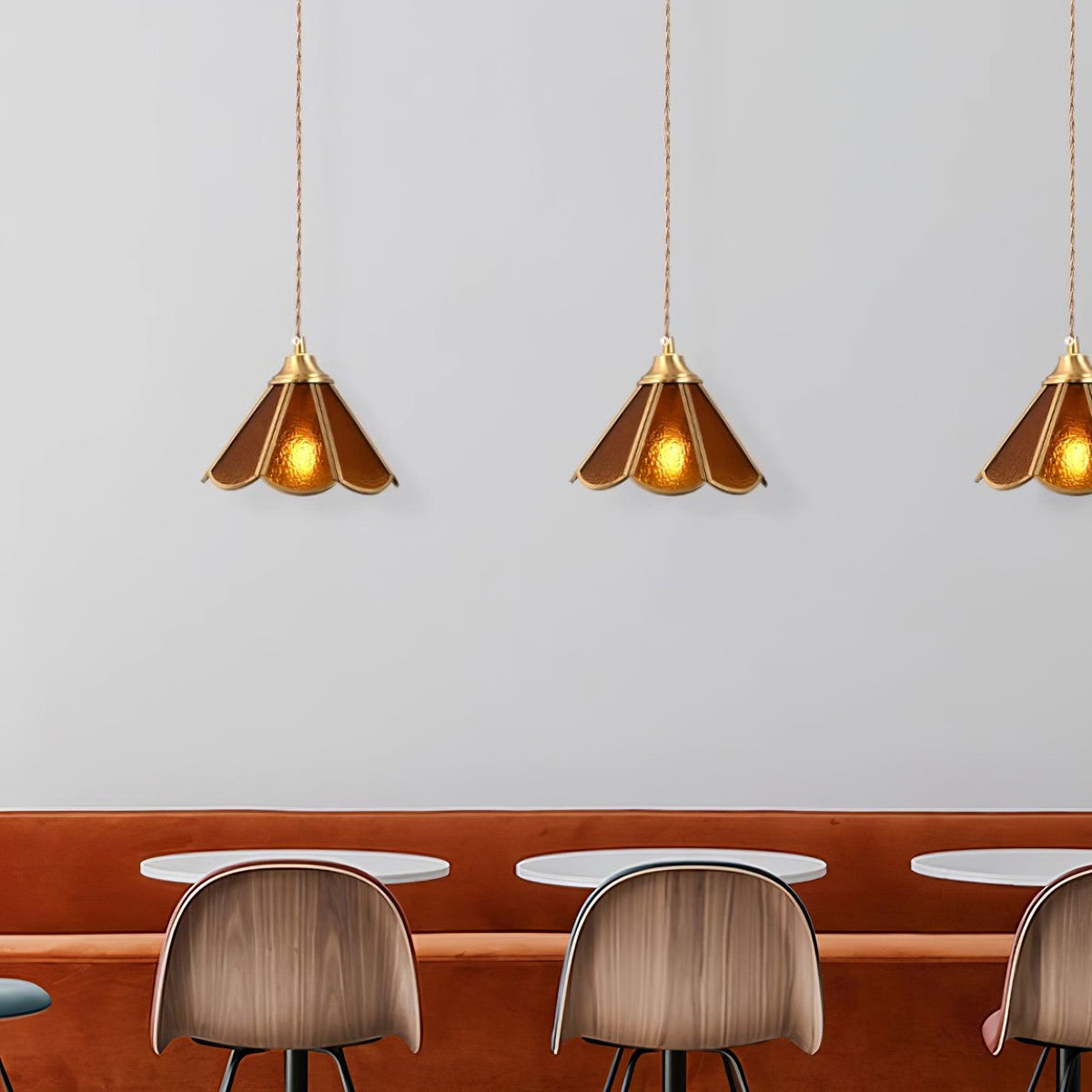 Pendant Lamp Textured Blue Glass Scalloped Brass-Neutral Decor
