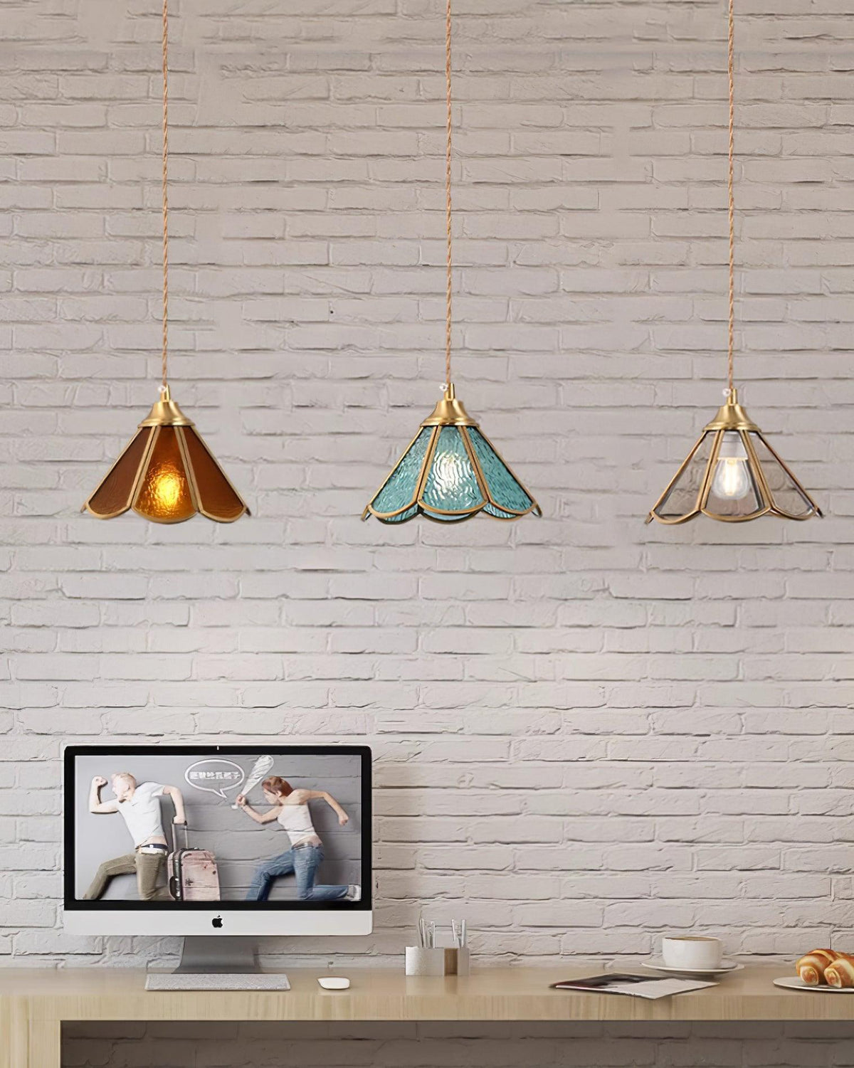 Pendant Lamp Textured Blue Glass Scalloped Brass-Neutral Decor