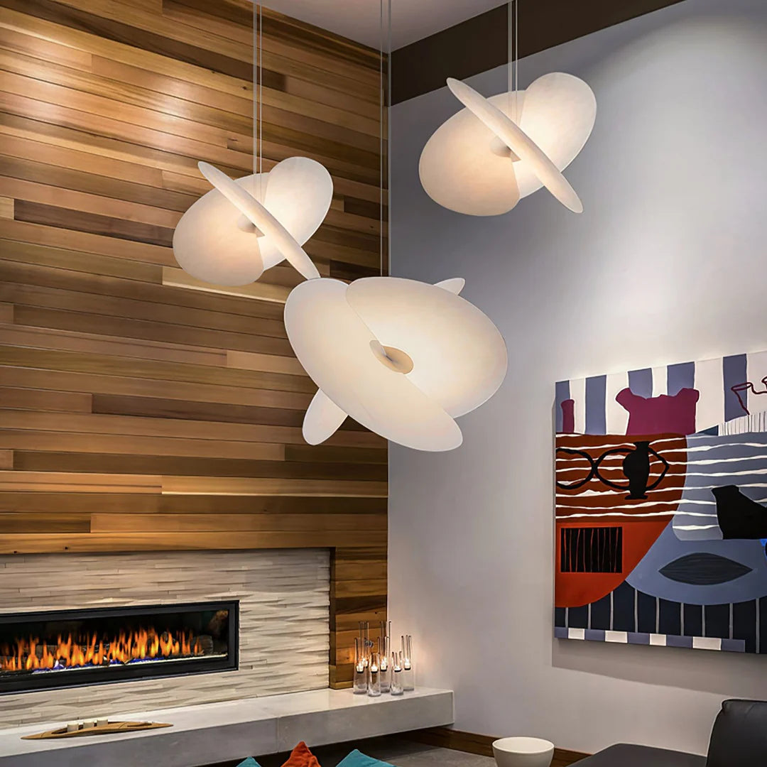 Lifestyle image of the Levante Pendant Light in a high-ceiling entryway.