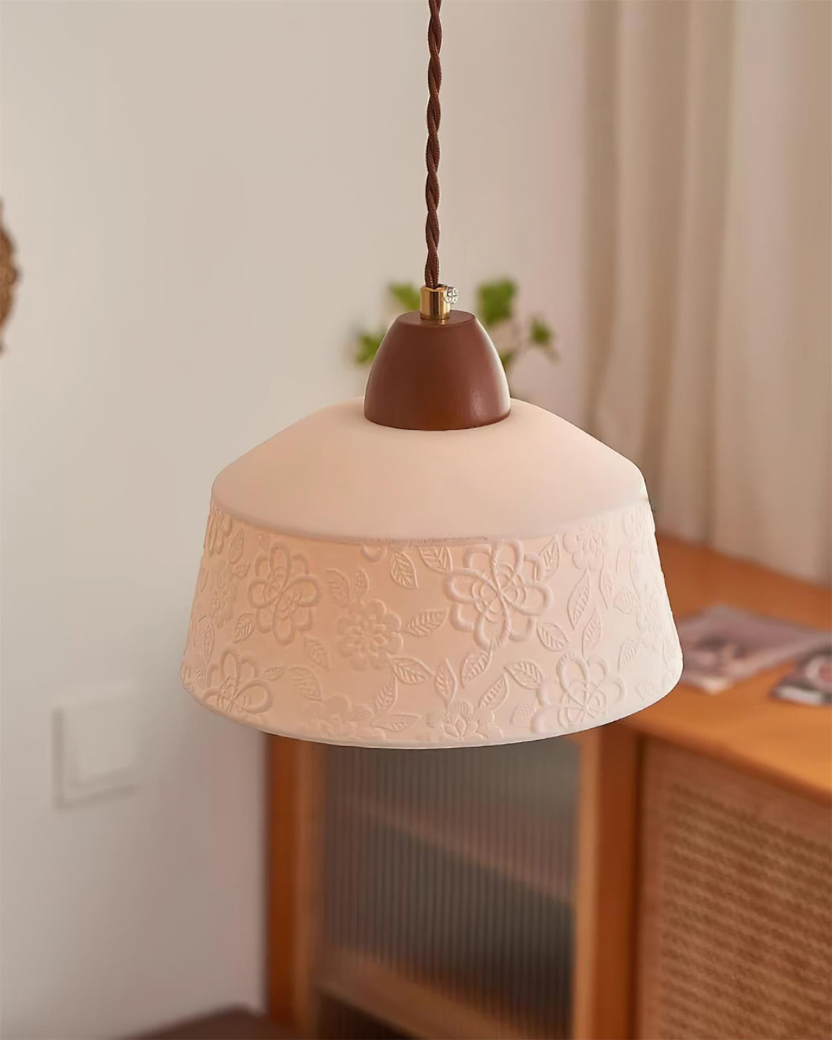 Pendant Lamp Textured Ceramic Drum Walnut Wood Retro-Neutral Decor