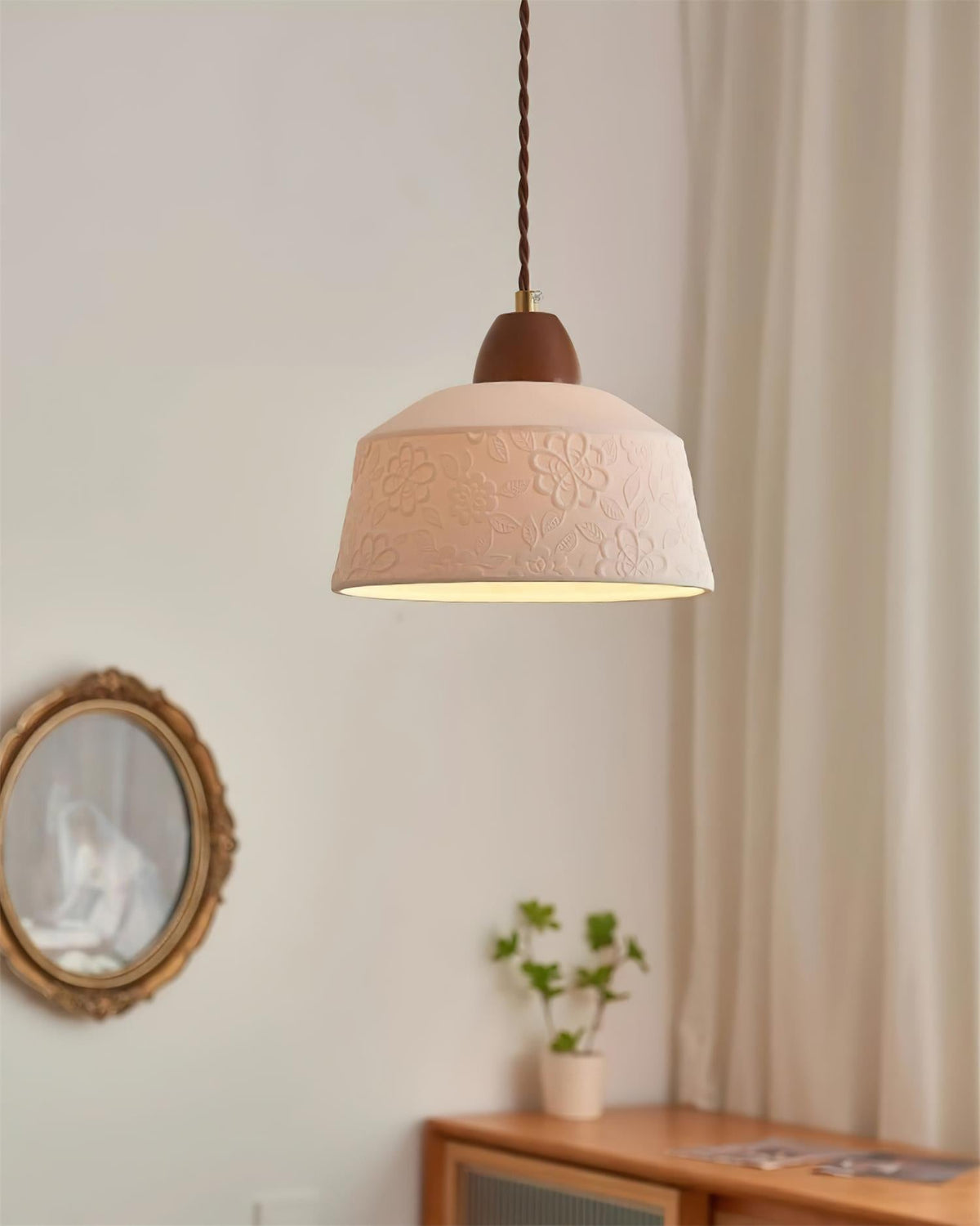 Pendant Lamp Textured Ceramic Drum Walnut Wood Retro-Neutral Decor