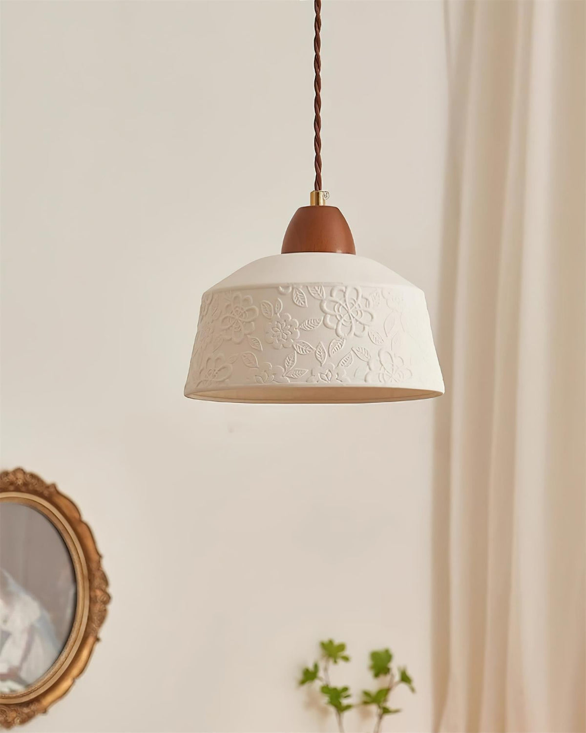 Pendant Lamp Textured Ceramic Drum Walnut Wood Retro-Neutral Decor