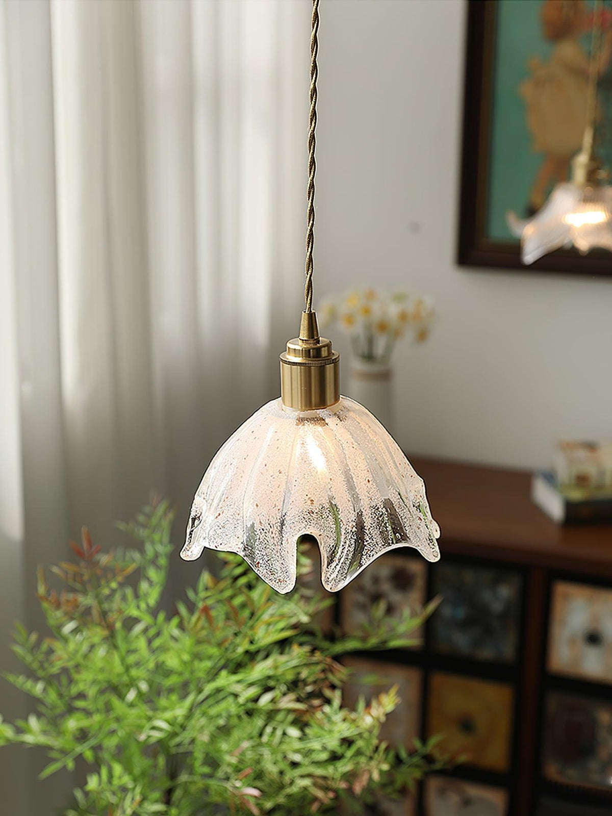 Vareniel Suspension en Laiton Verre Froissé Lotus Vintage