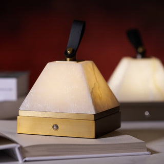 Pyramidale Alabaster Table Lamp with Leather Handle-Neutral Decor