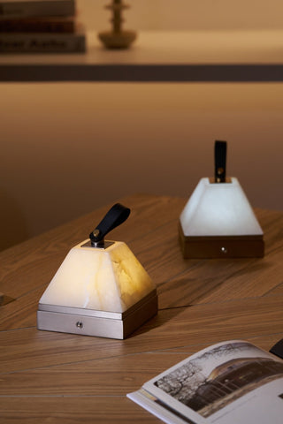 Pyramidale Alabaster Table Lamp with Leather Handle-Neutral Decor