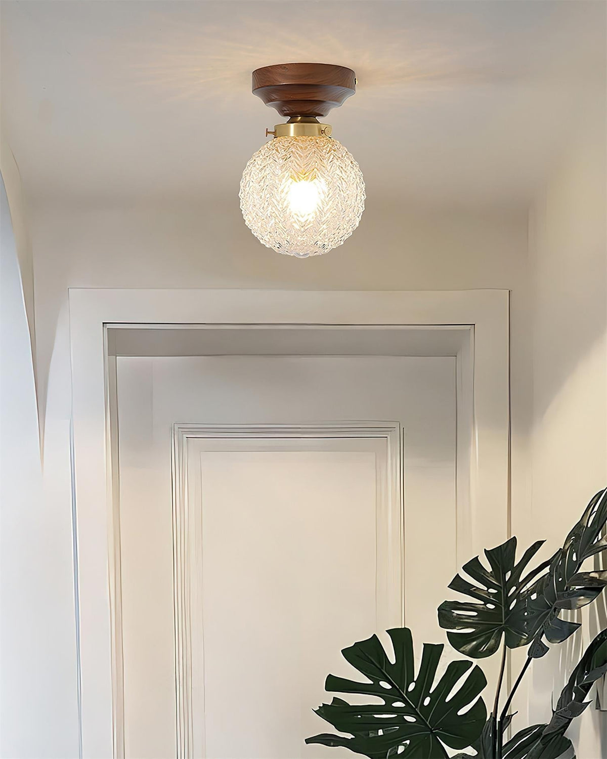 Ceiling Light Globe Shade Clear Glass Walnut Wood Canopy Brass-Neutral Decor