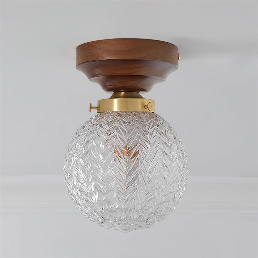 Ceiling Light Globe Shade Clear Glass Walnut Wood Canopy Brass-Neutral Decor