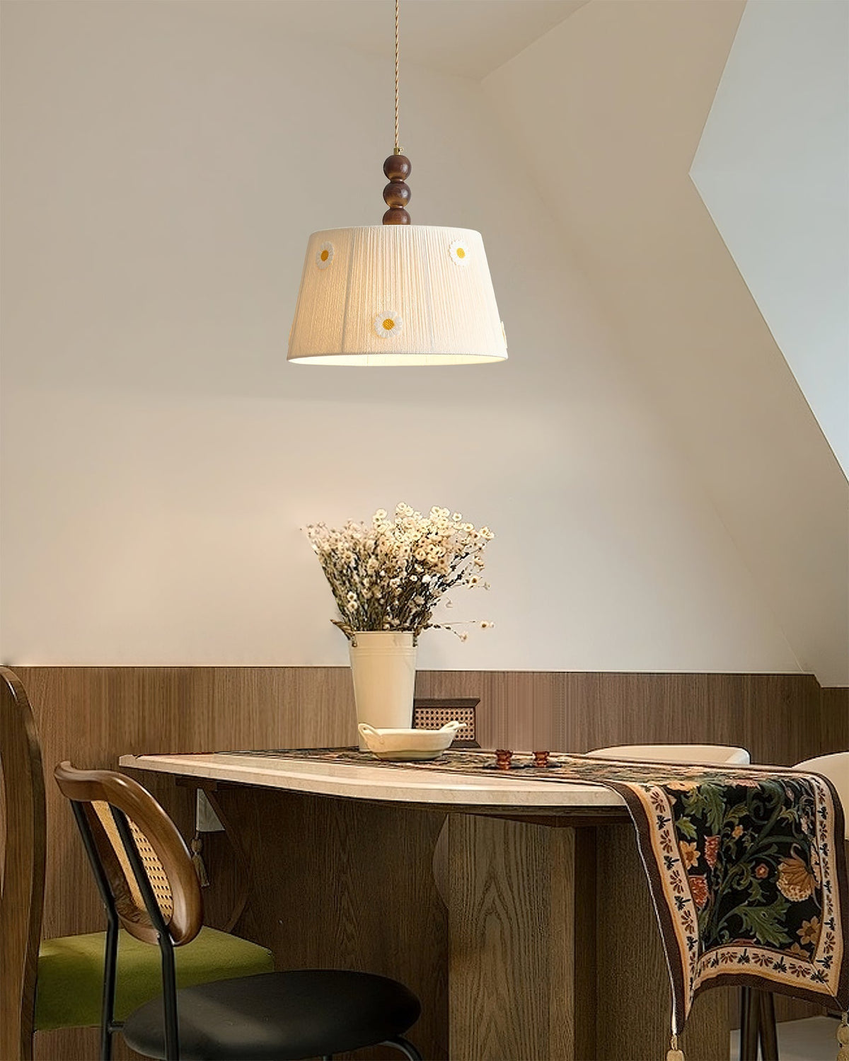 Detail shot of the wooden and metal components of the light fixture.