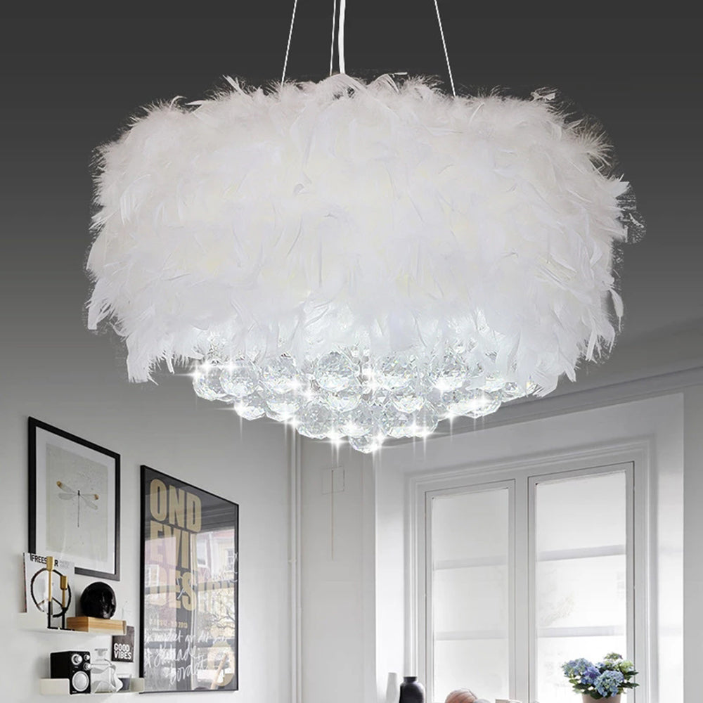 O'Moore Suspension Tambour Magnifique, Métal/Plume/Cristal, Blanc, Chambre à Coucher/Salon