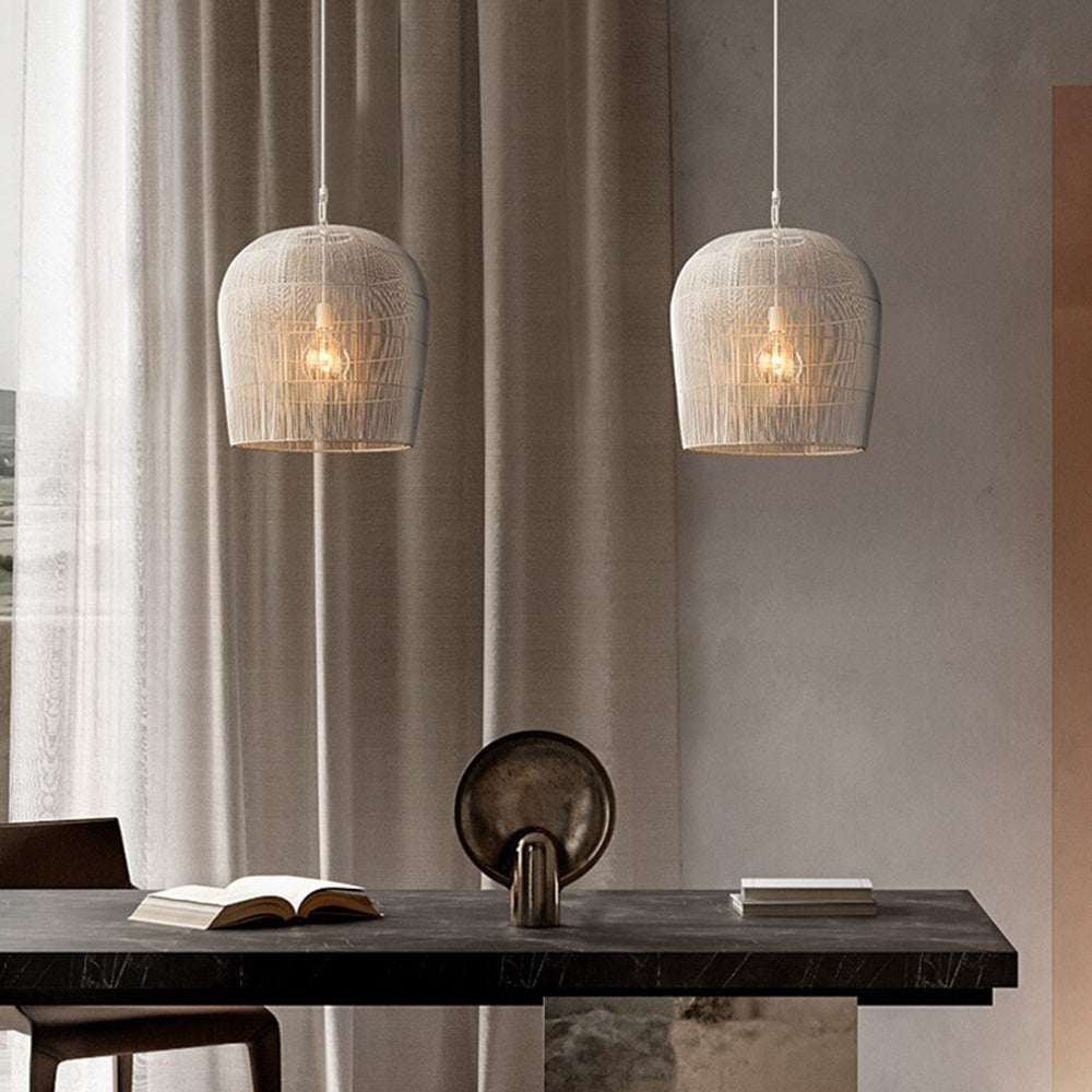 Ritta Suspension Cylindre Moderne, Metal/Rotin, Blanc/Noir, Salon