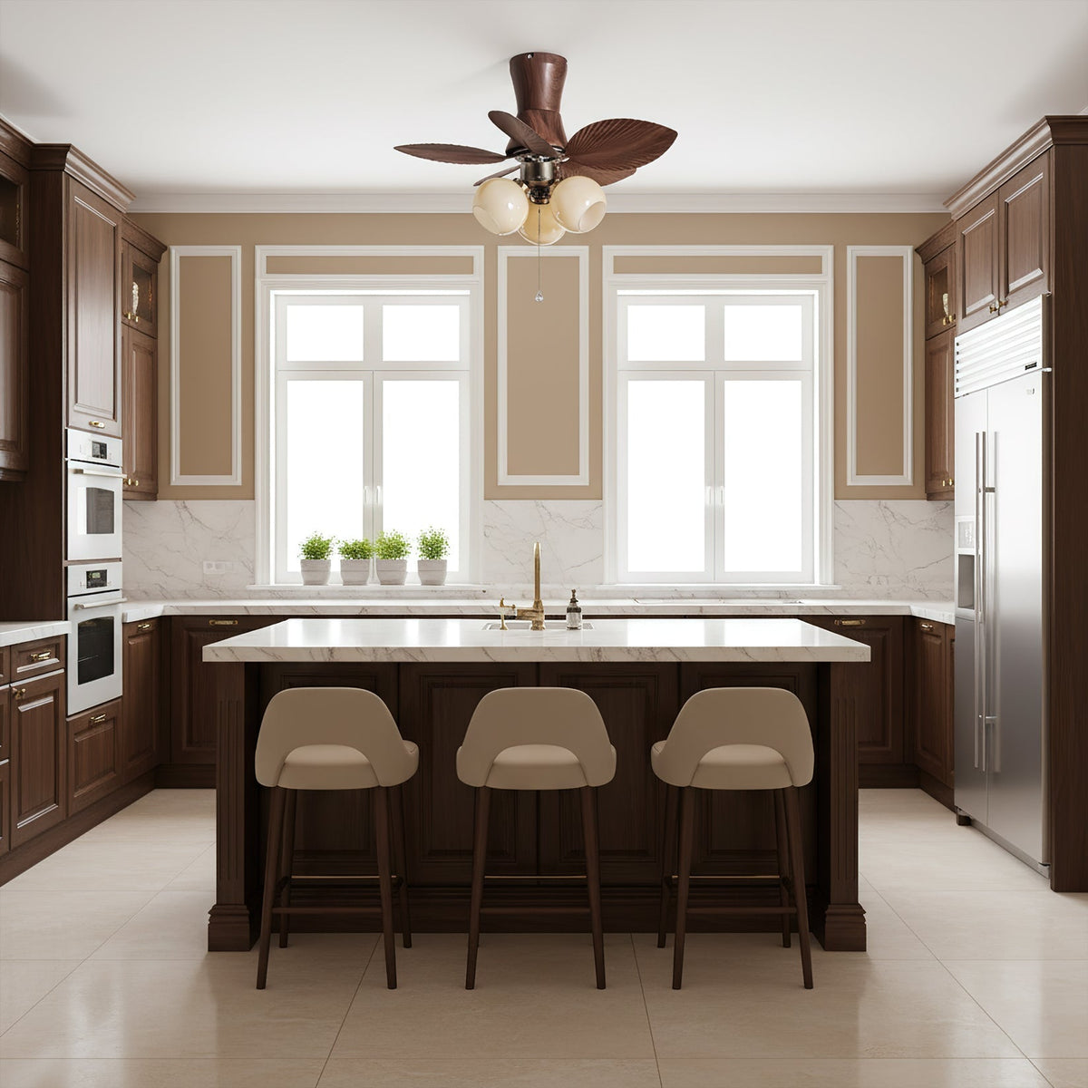 Malibu Ceiling Fan Light installed in a coastal-style living room.