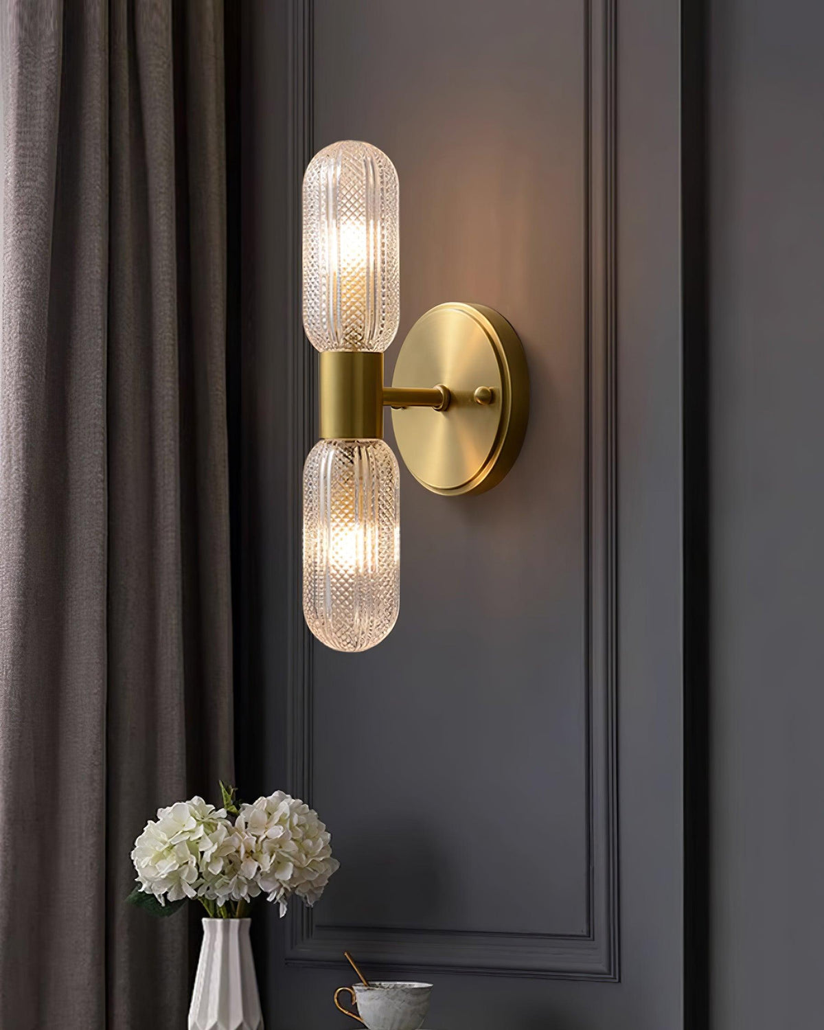 Eira Brass and Textured Glass Double Light Wall Sconce-Neutral Decor