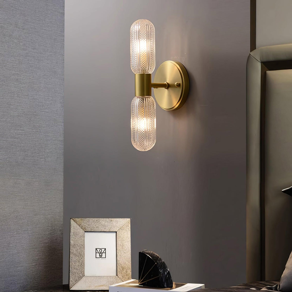 Eira Brass and Textured Glass Double Light Wall Sconce-Neutral Decor