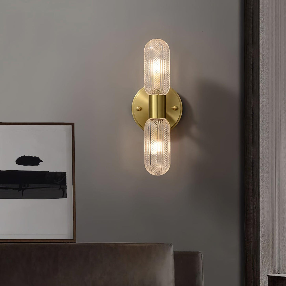 Eira Brass and Textured Glass Double Light Wall Sconce-Neutral Decor