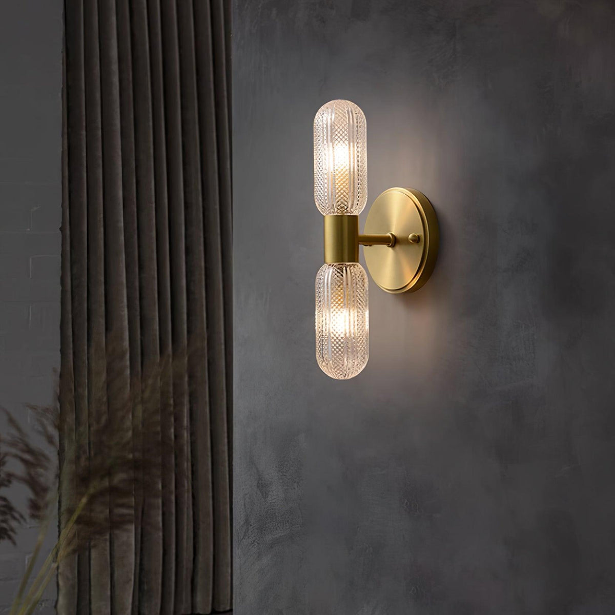 Eira Brass and Textured Glass Double Light Wall Sconce-Neutral Decor