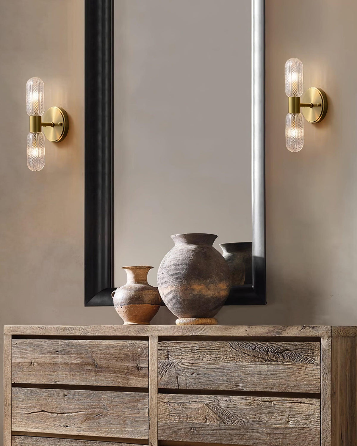 Eira Brass and Textured Glass Double Light Wall Sconce-Neutral Decor